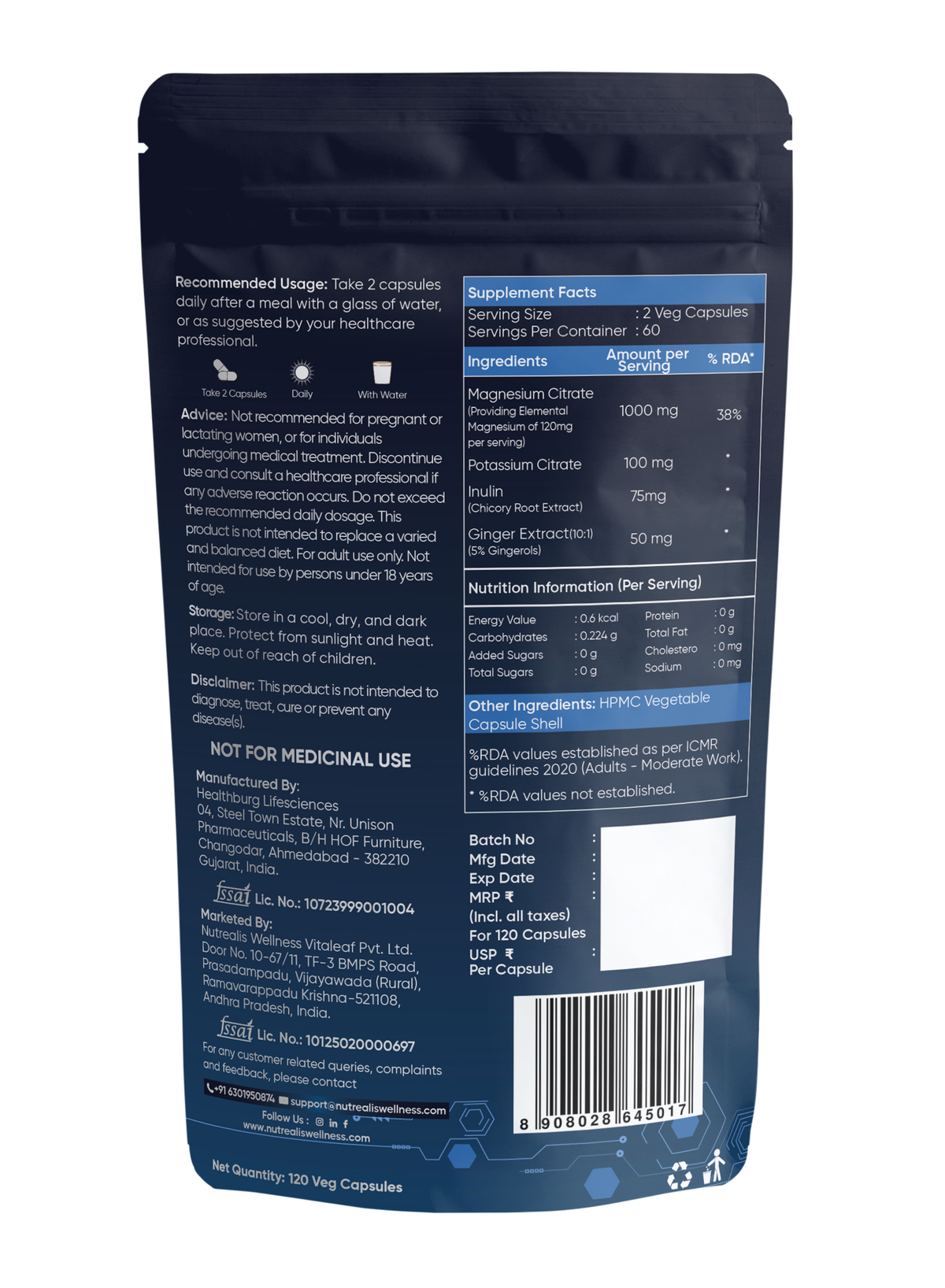 Nutrealis Magnesium Citrate Complex with Potassium & Ginger | For Muscle Relaxation & Digestion Support | 120 Veg Capsules