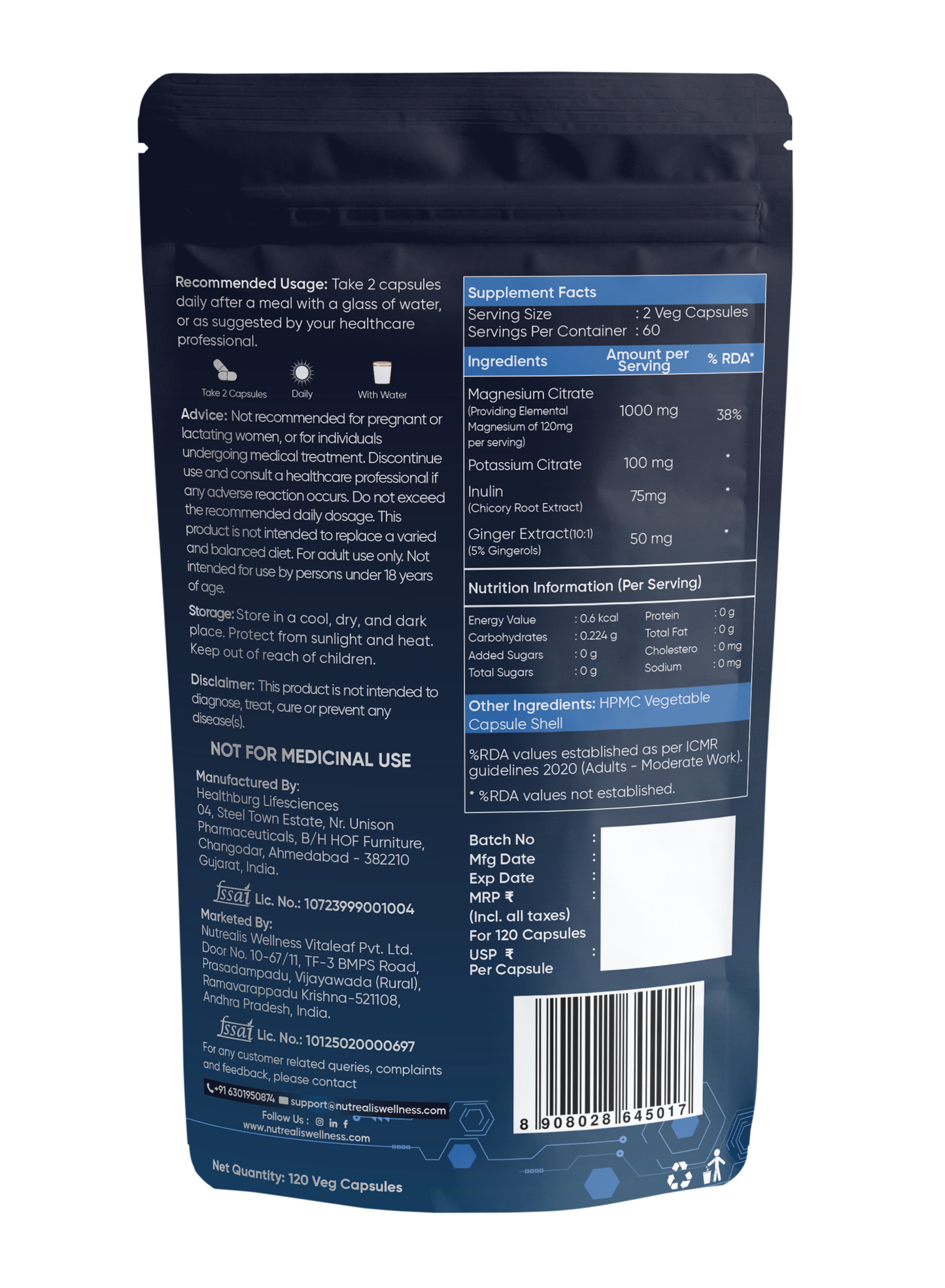 Nutrealis Magnesium Citrate Complex with Potassium & Ginger | For Muscle Relaxation & Digestion Support | 120 Veg Capsules