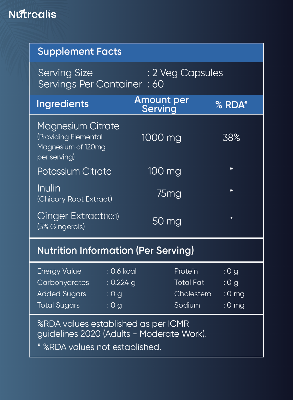 Nutrealis Magnesium Citrate Complex with Potassium & Ginger | For Muscle Relaxation & Digestion Support | 120 Veg Capsules