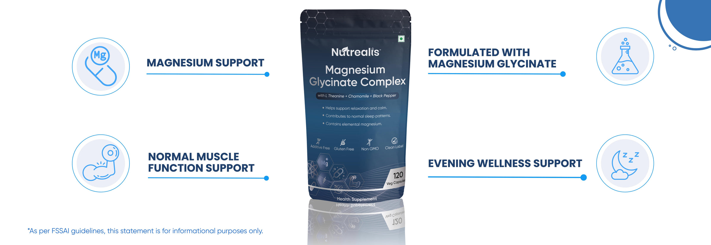 Nutrealis Magnesium Glycinate Complex | With L-Theanine, Chamomile & Black Pepper | Daily Magnesium Support | 120 Veg Capsules