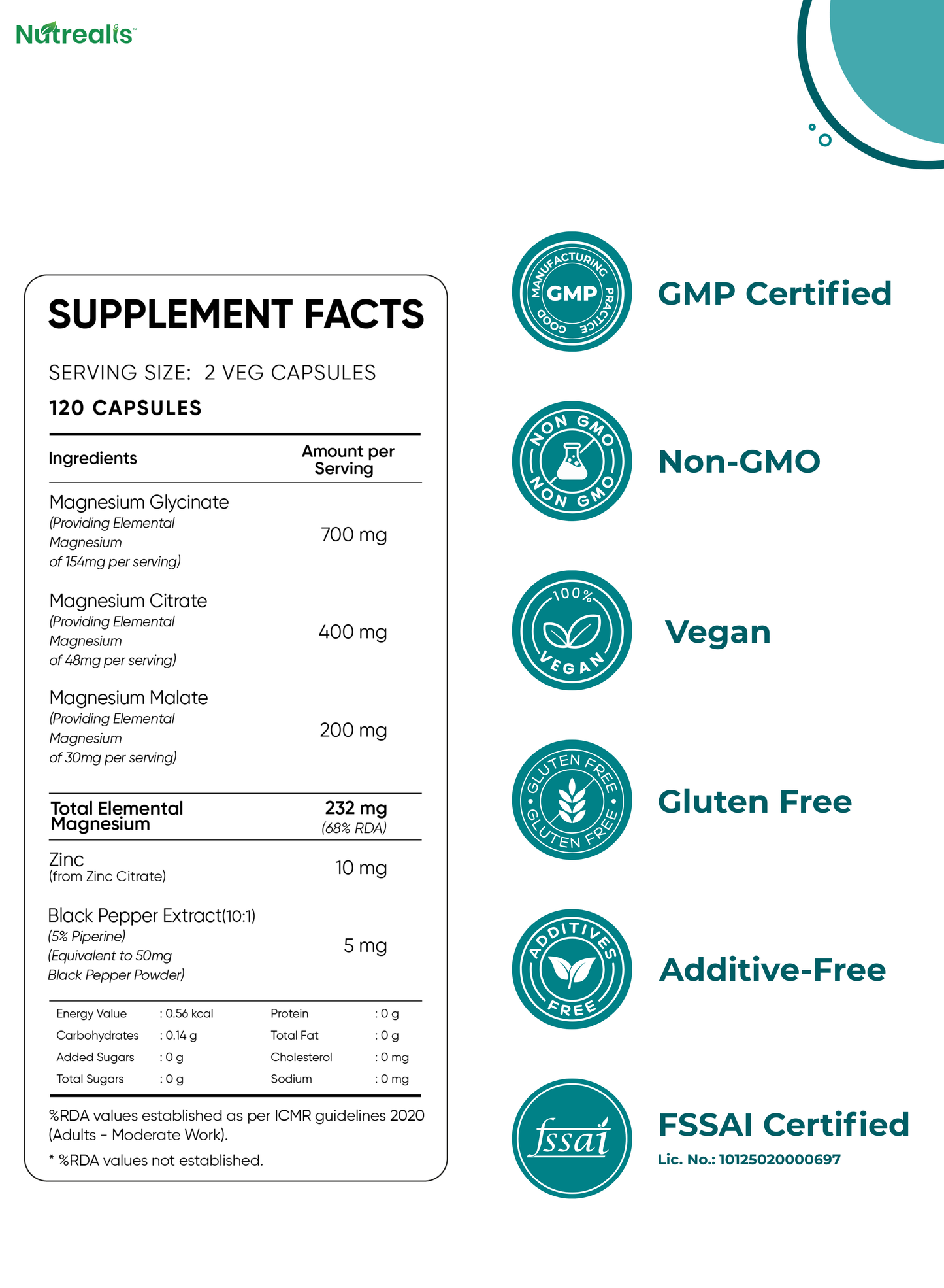 Nutrealis Triple Magnesium Complex | Glycinate, Citrate & Malate With Zinc | Three-Form Magnesium Supplement | 120 Veg Capsules