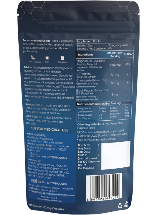 Nutrealis Magnesium Glycinate Complex | With L-Theanine, Chamomile & Black Pepper | Daily Magnesium Support | 120 Veg Capsules