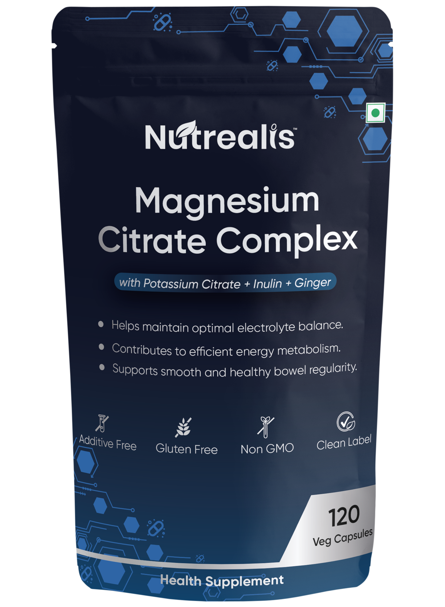 Nutrealis Magnesium Citrate Complex | With Potassium Citrate, Inulin & Ginger | Daily Magnesium & Electrolyte Support | 120 Veg Capsules