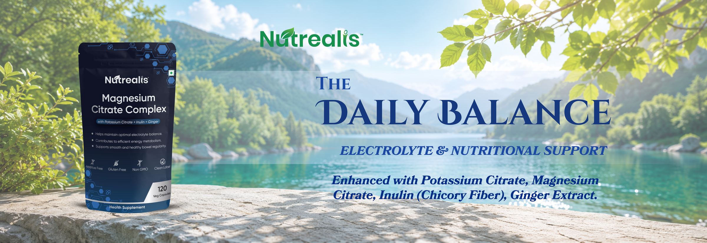 Nutrealis Magnesium Citrate Complex | With Potassium Citrate, Inulin & Ginger | Daily Magnesium & Electrolyte Support | 120 Veg Capsules