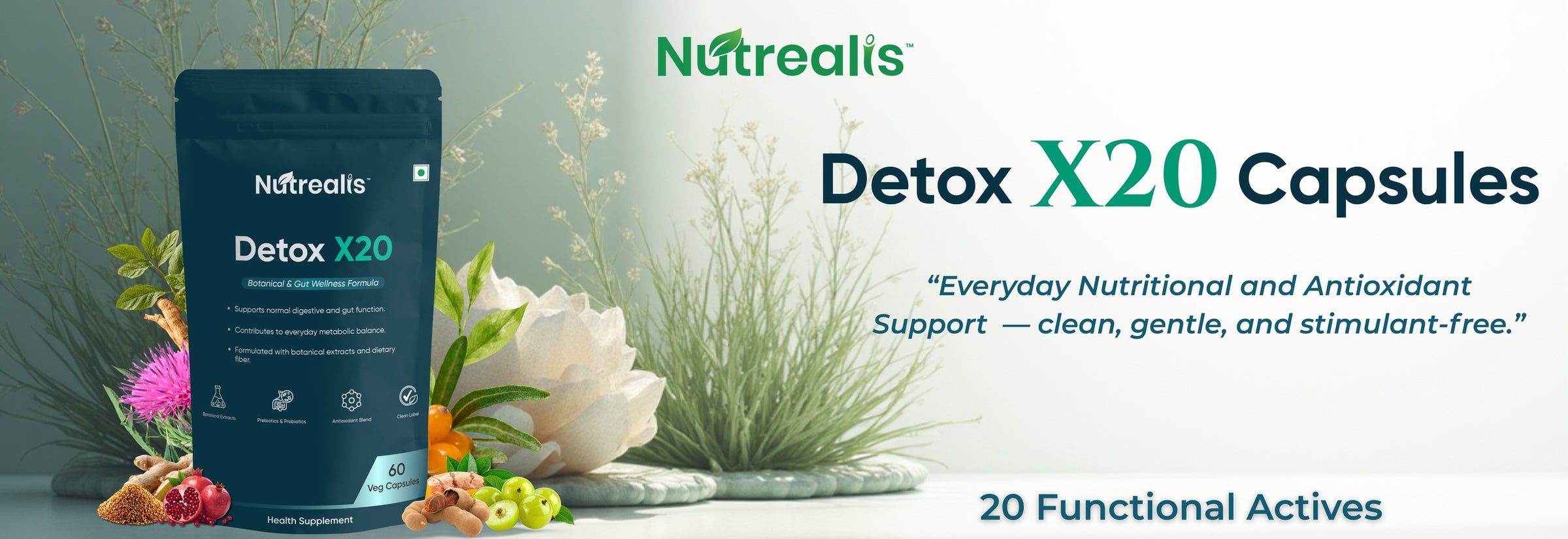 Nutrealis Detox X20 | With Milk Thistle, Amla, Prebiotics, Probiotics & Botanical Ingredients | Daily Botanical Wellness Formula | 60 Veg Capsules