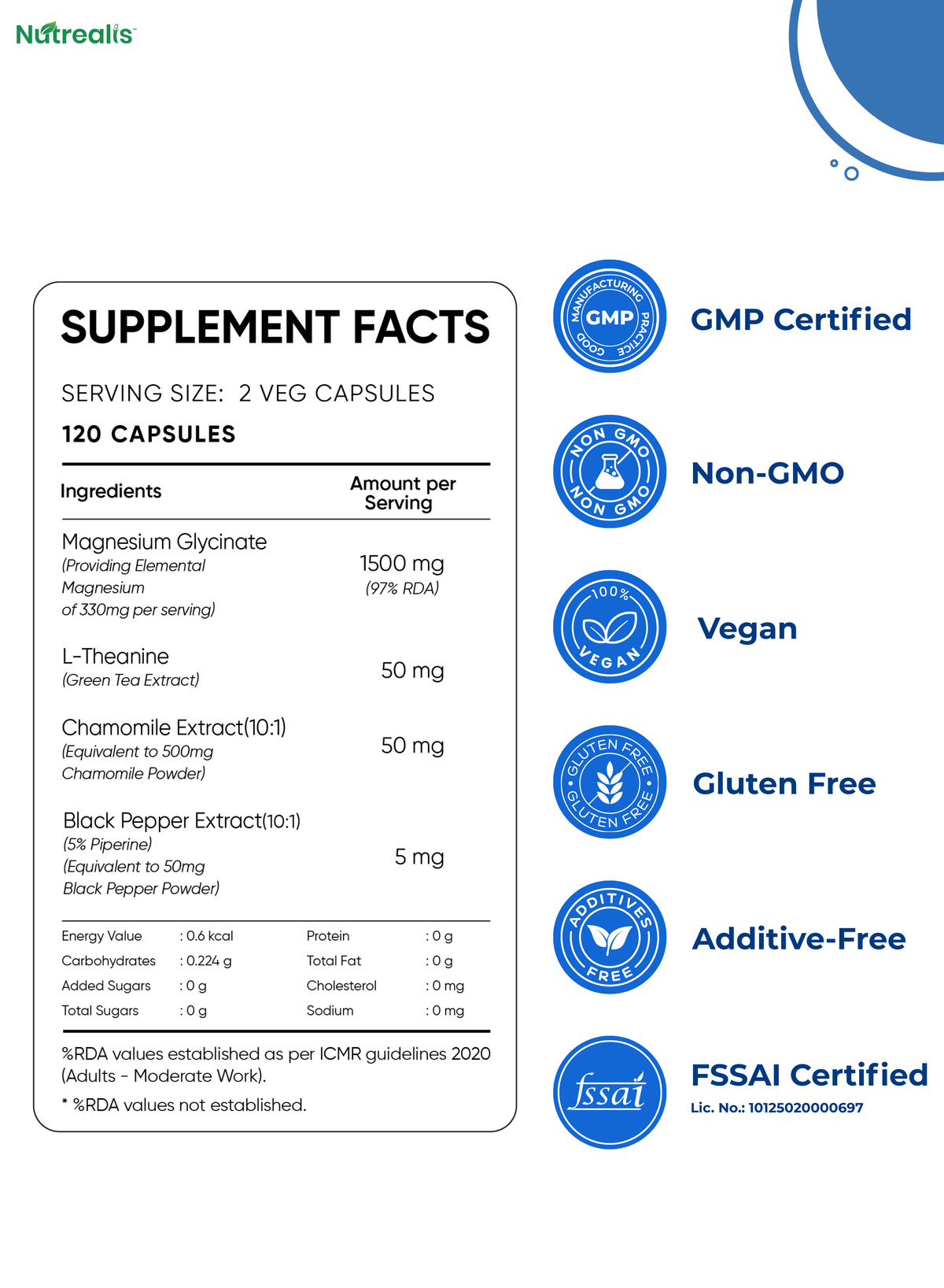 Nutrealis Magnesium Glycinate Complex | With L-Theanine, Chamomile & Black Pepper | Daily Magnesium Support | 120 Veg Capsules