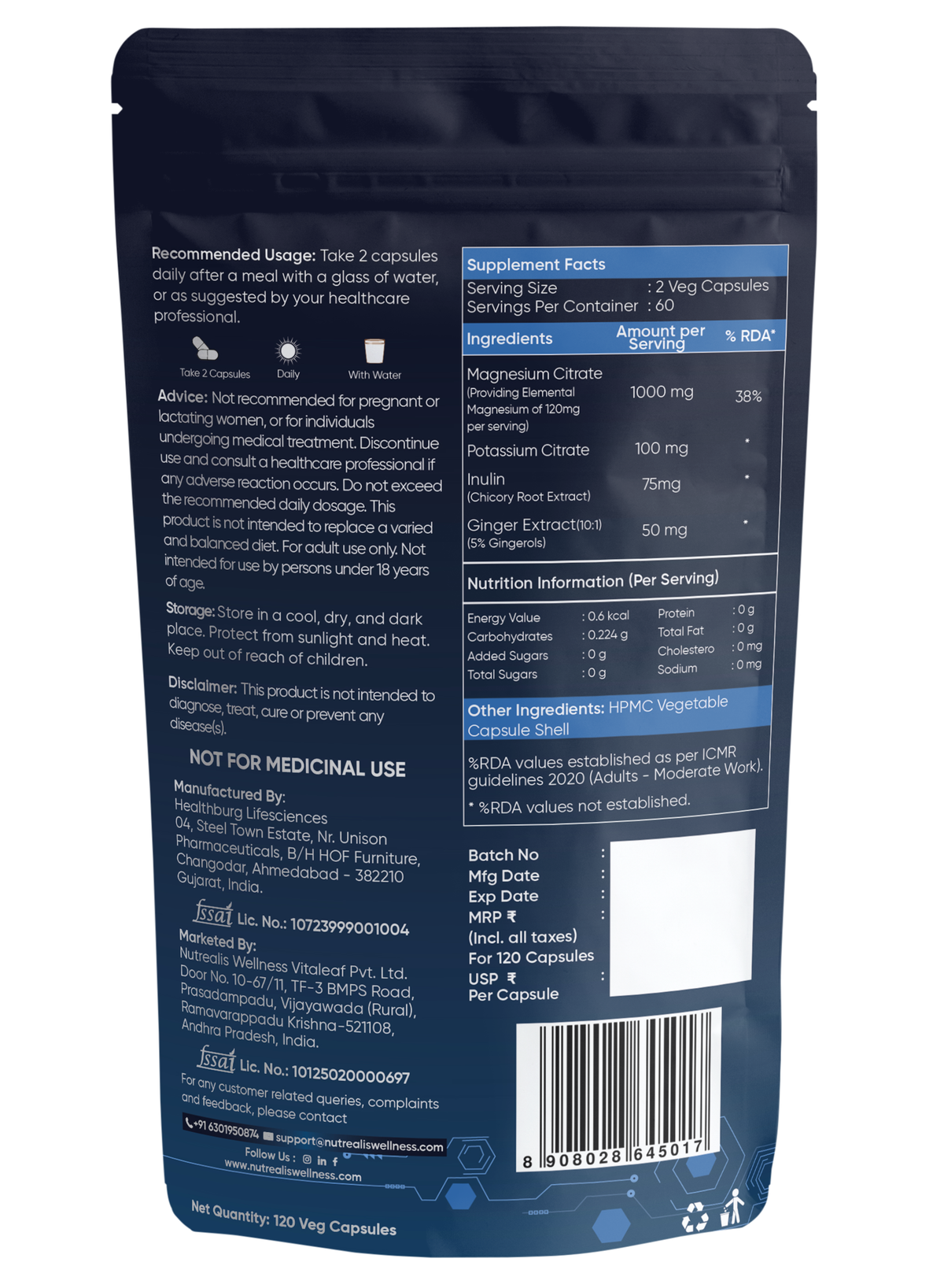 Nutrealis Magnesium Citrate Complex | With Potassium Citrate, Inulin & Ginger | Daily Magnesium & Electrolyte Support | 120 Veg Capsules