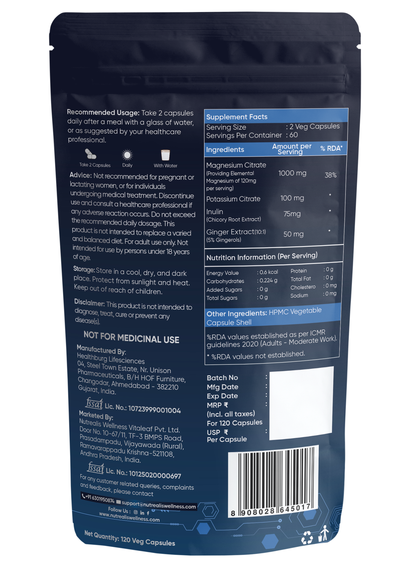 Nutrealis Magnesium Citrate Complex | With Potassium Citrate, Inulin & Ginger | Daily Magnesium & Electrolyte Support | 120 Veg Capsules