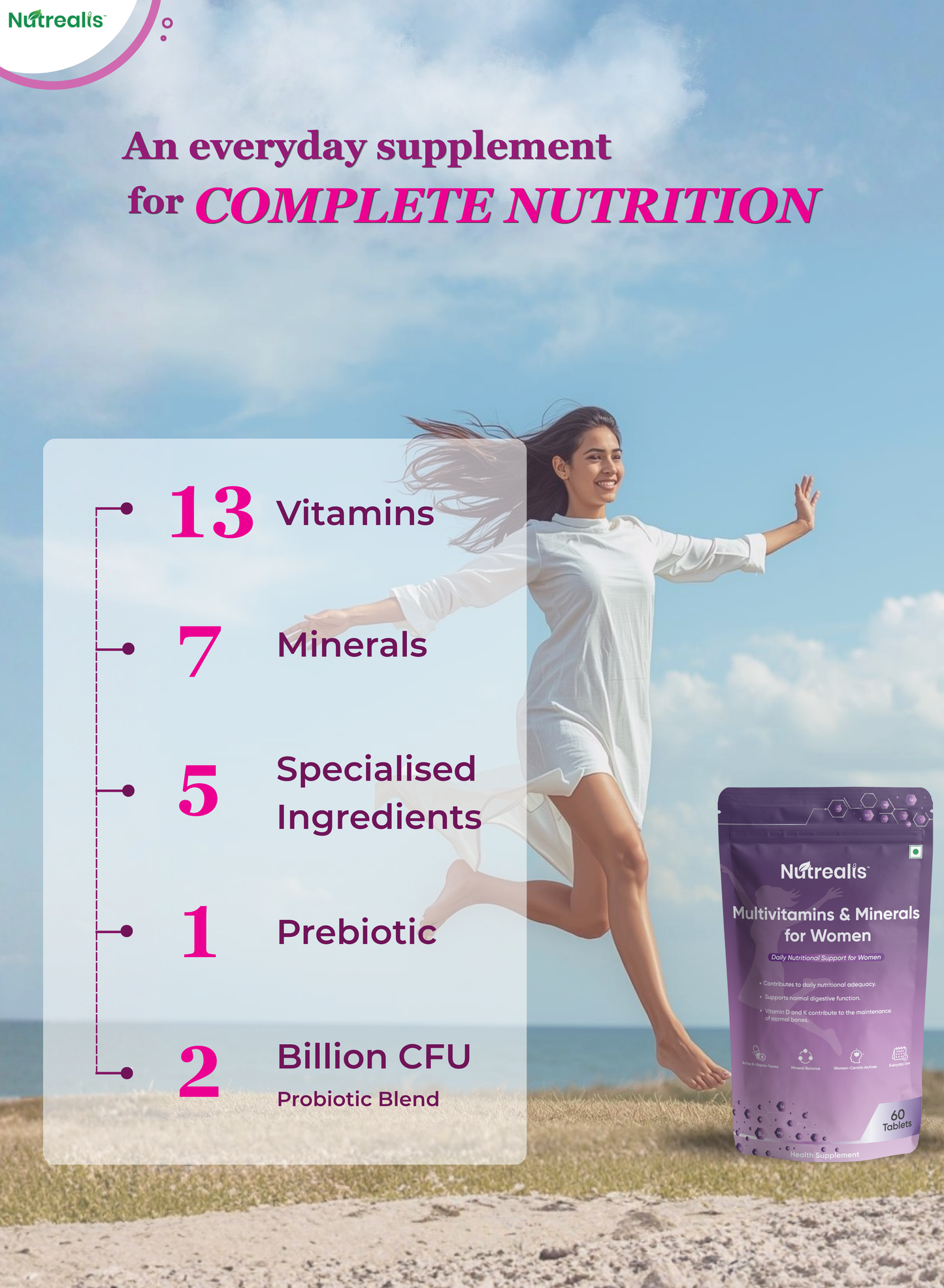 Nutrealis Multivitamins & Minerals for Women | 13 Vitamins, 7 Minerals, Shatavari, Ashwagandha & Cranberry | Daily Nutritional Support with 2 Billion CFU Probiotics | 60 Tablets