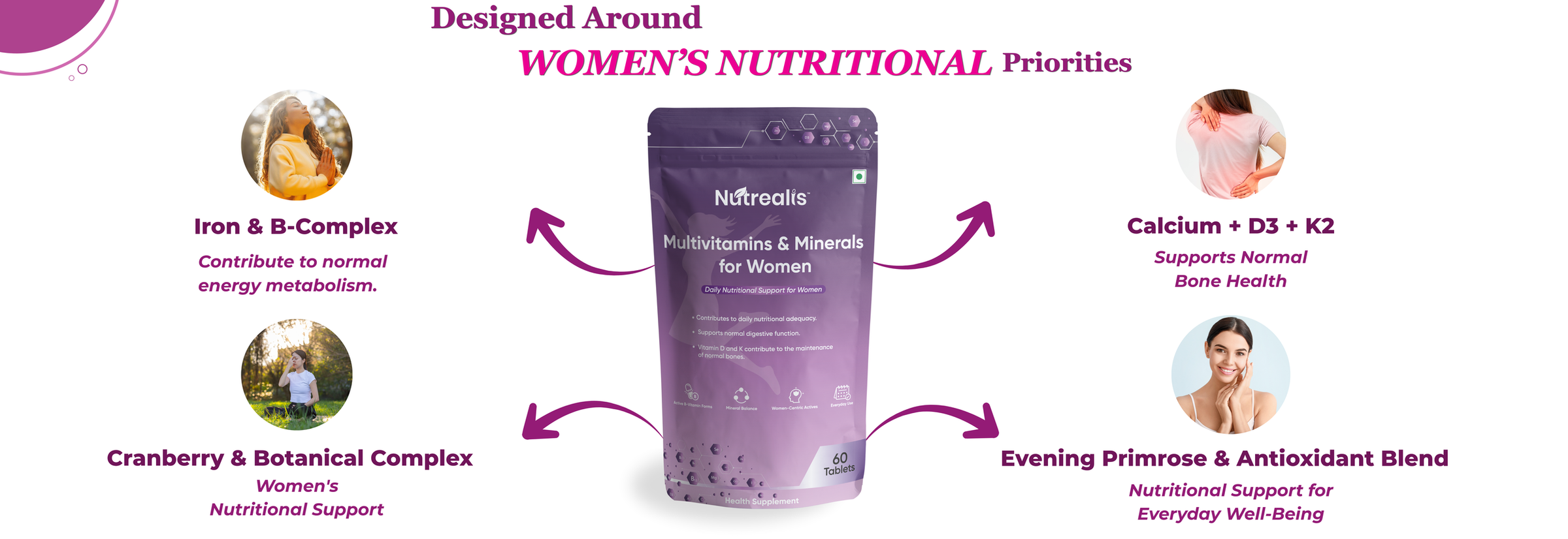 Nutrealis Women’s Multivitamins & Minerals | With Cranberry, Shatavari & Biotin | Daily Nutritional Support | 60 Tablets