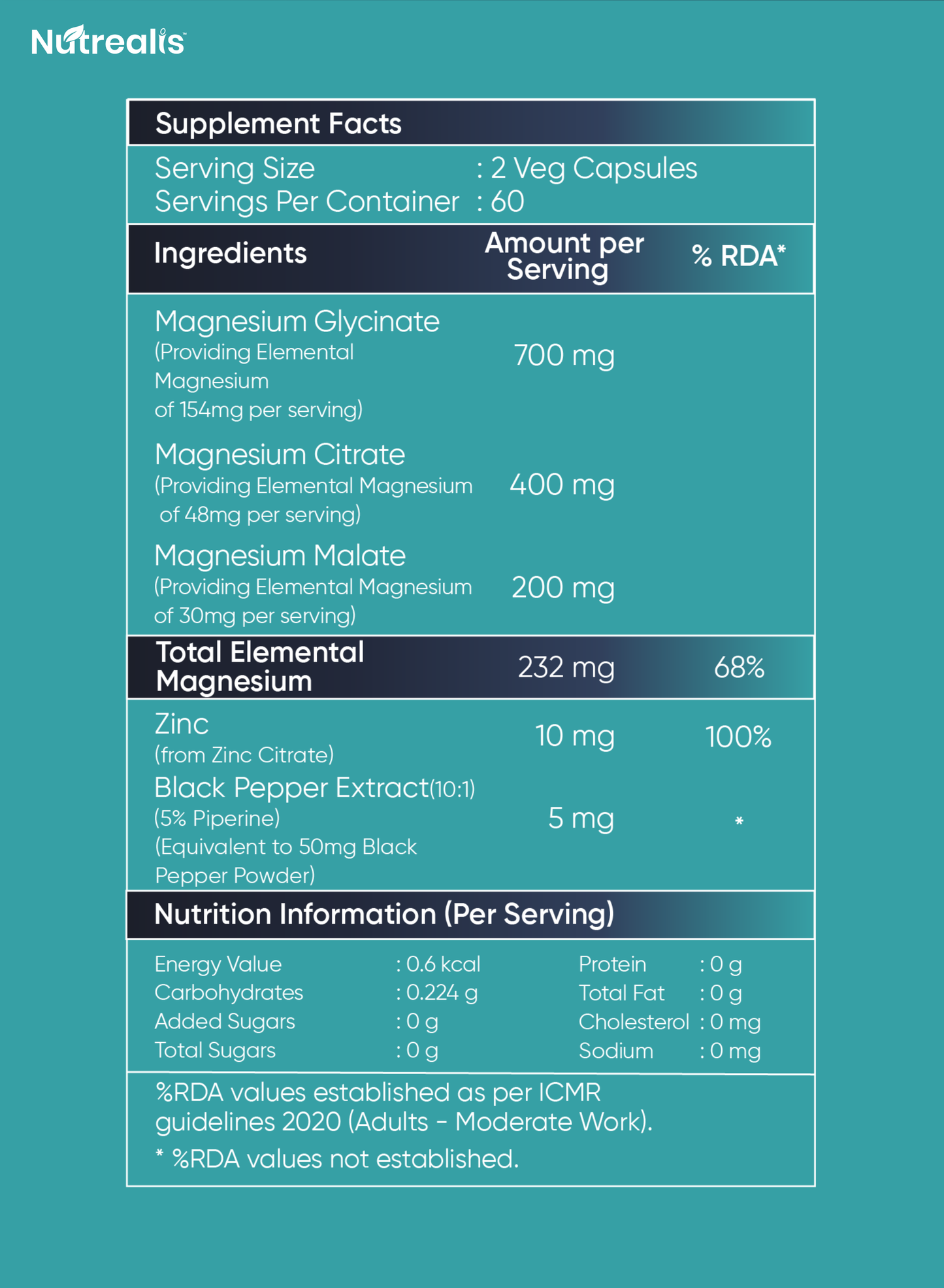 Nutrealis Triple Magnesium Complex with Zinc | For Active Muscle Recovery & Bone Health | 120 Veg Capsules