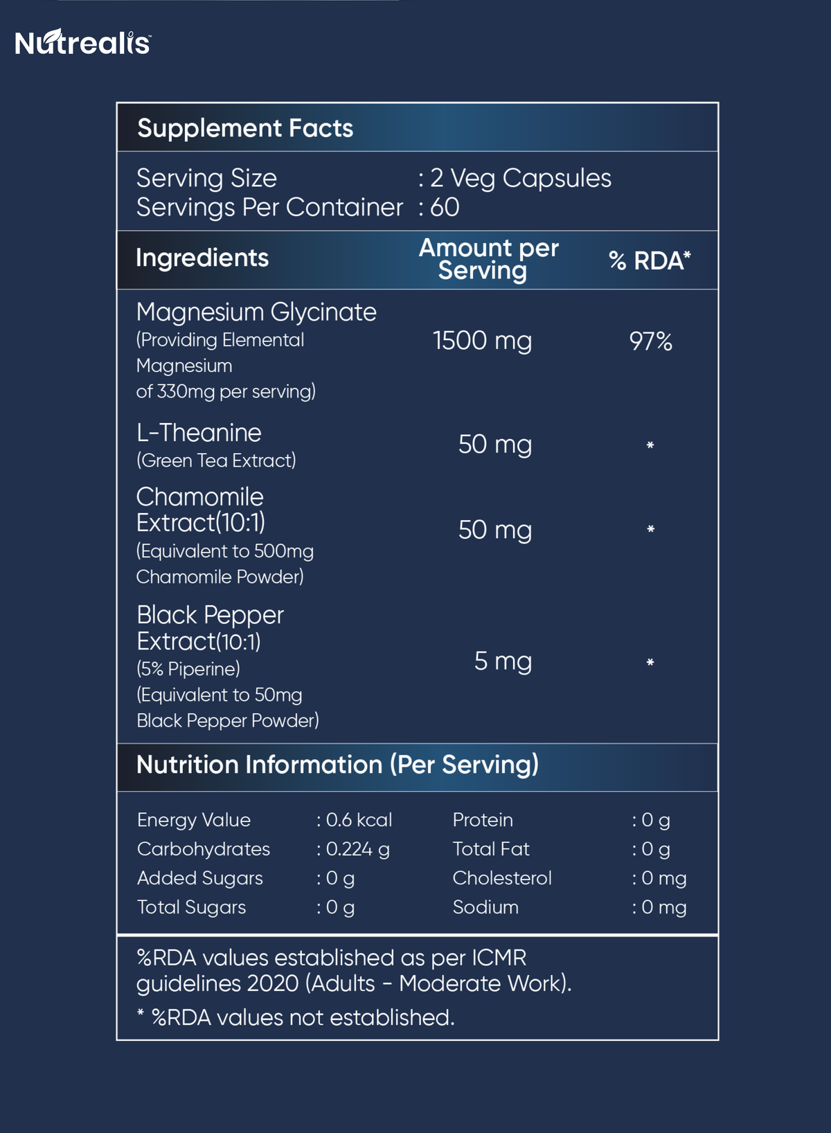 Nutrealis Magnesium Glycinate Complex with L-Theanine & Chamomile | For Sleep Support & Relaxation | 120 Veg Capsules