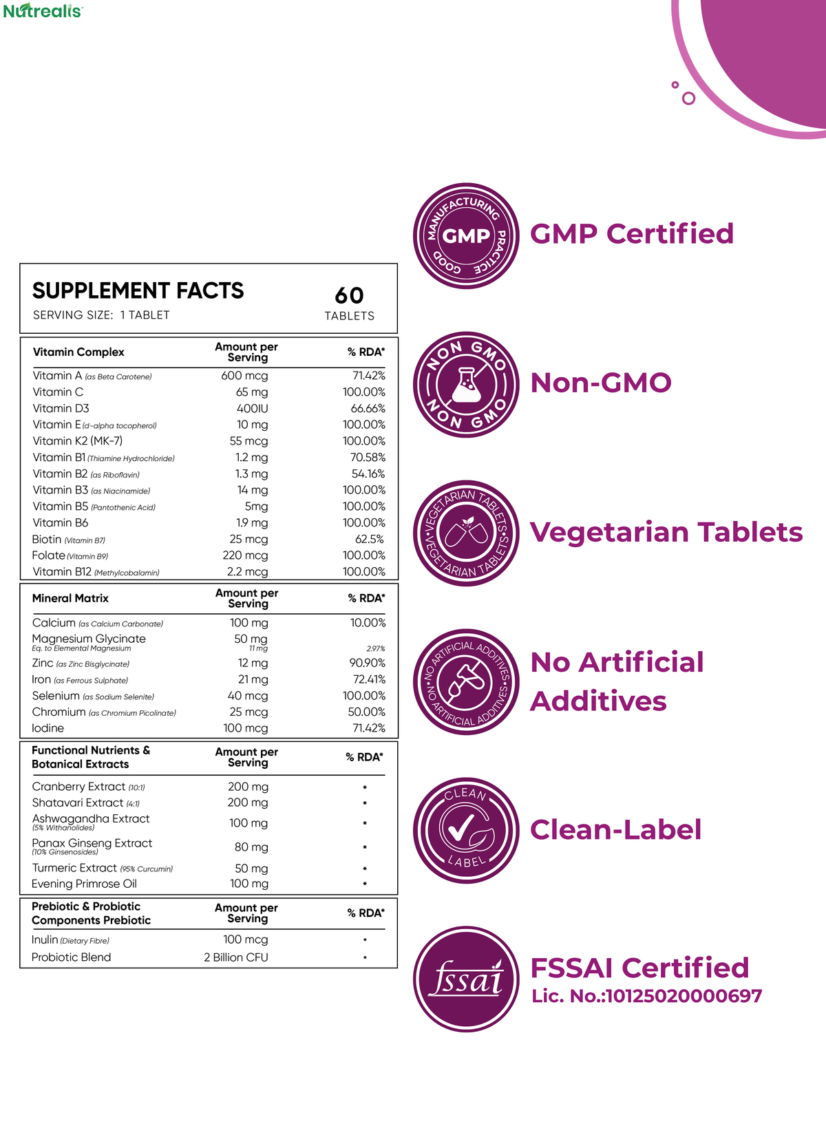 Nutrealis Multivitamins & Minerals for Women | 13 Vitamins, 7 Minerals, Shatavari, Ashwagandha & Cranberry | Daily Nutritional Support with 2 Billion CFU Probiotics | 60 Tablets