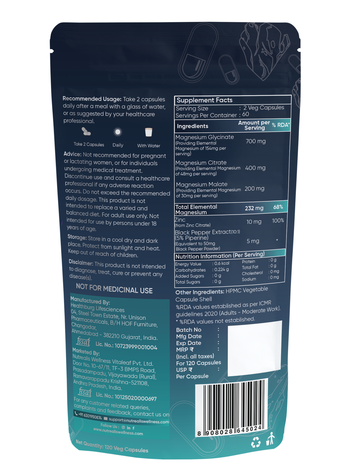 Nutrealis Triple Magnesium Complex with Zinc | For Active Muscle Recovery & Bone Health | 120 Veg Capsules