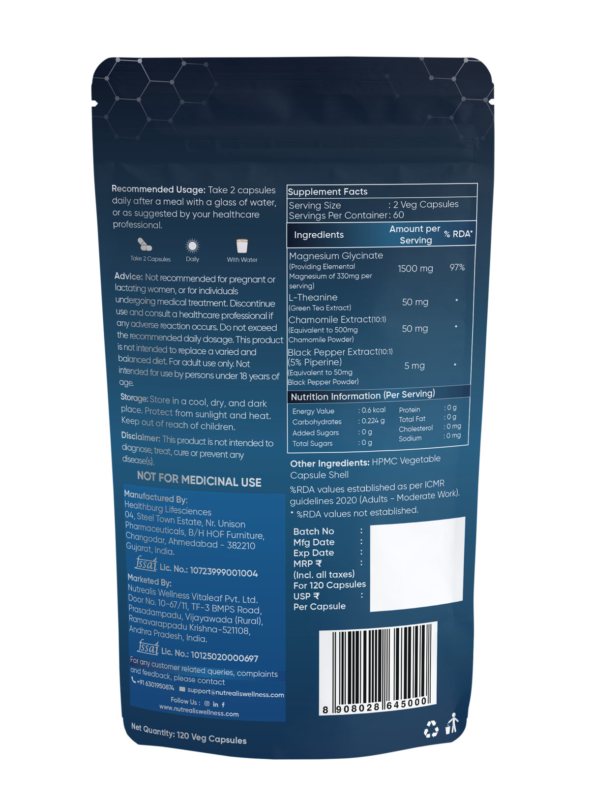 Nutrealis Magnesium Glycinate Complex with L-Theanine & Chamomile | For Sleep Support & Relaxation | 120 Veg Capsules