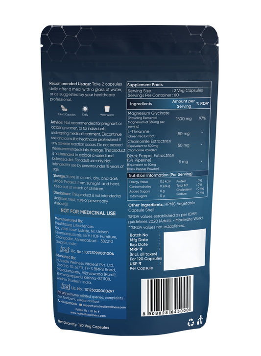 Nutrealis Magnesium Glycinate Complex with L-Theanine & Chamomile | For Sleep Support & Relaxation | 120 Veg Capsules