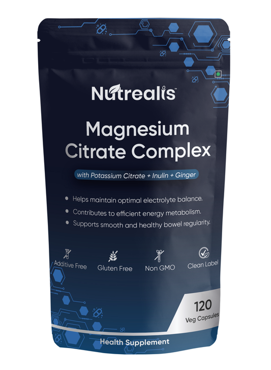 Nutrealis Magnesium Citrate Complex with Potassium & Ginger | For Muscle Relaxation & Digestion Support | 120 Veg Capsules