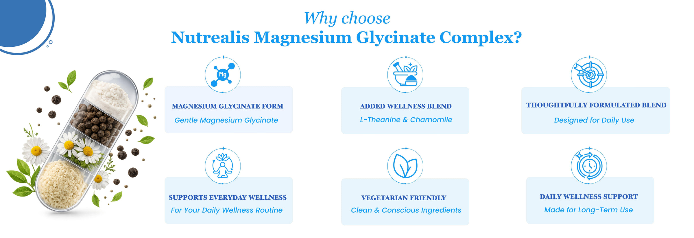 Nutrealis Magnesium Glycinate Complex | With L-Theanine, Chamomile & Black Pepper | Daily Magnesium Support | 120 Veg Capsules